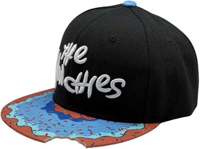 Donut Print Snapback Hat, Black Munchies Flat Brim Cap with Embroidered Logo, Adjustable Hip Hop Style Headwear - AKC UNITED