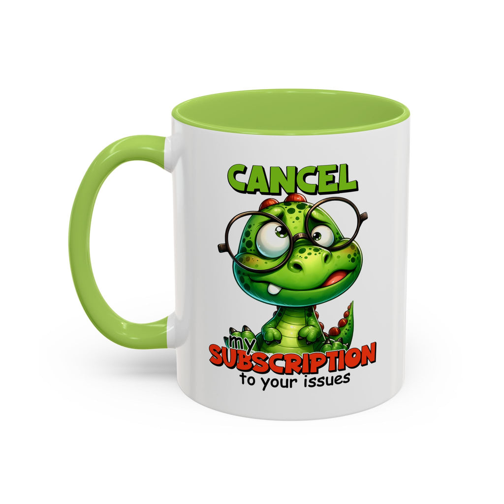 Mug with a cartoon dinosaur design and text on a white background