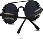 Black round sunglasses with metallic accents on a white background