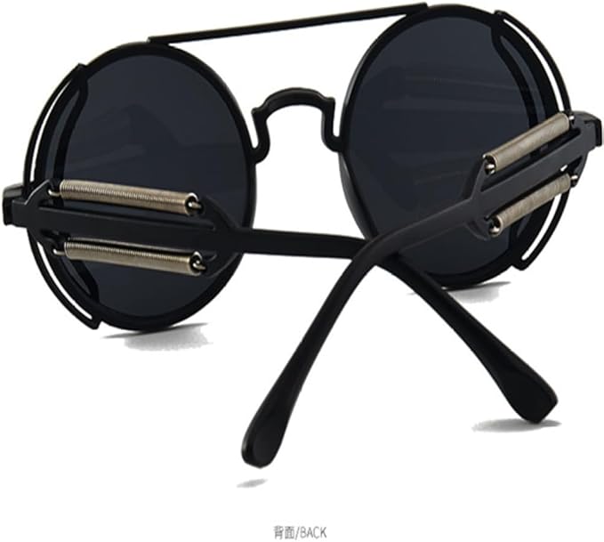 Black round sunglasses with metallic accents on a white background