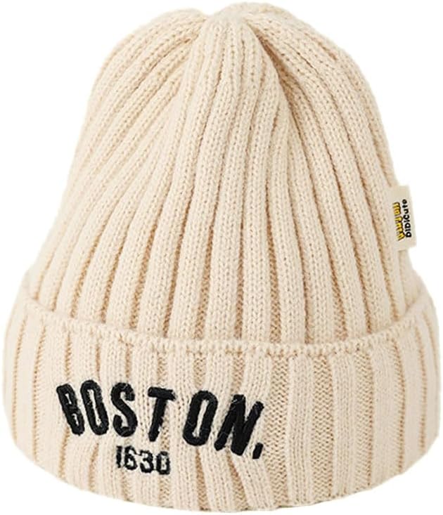 Beige knit beanie with 'Boston 1630' text on a white background