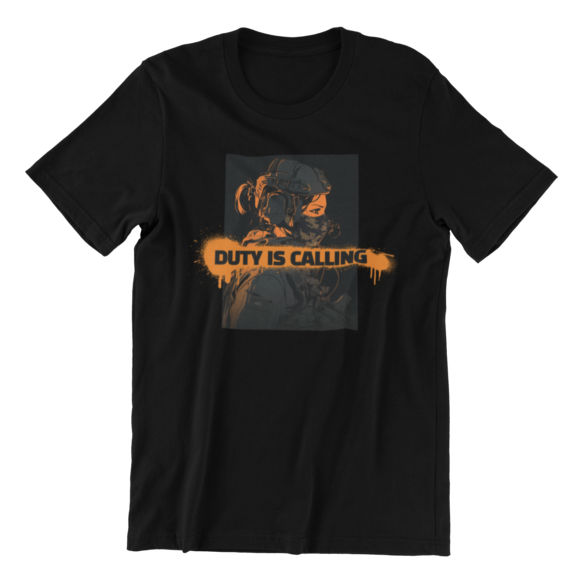 Duty is Calling Graphic T-Shirt, Black, Tactical Soldier Design with Orange Print - AKC UNITED