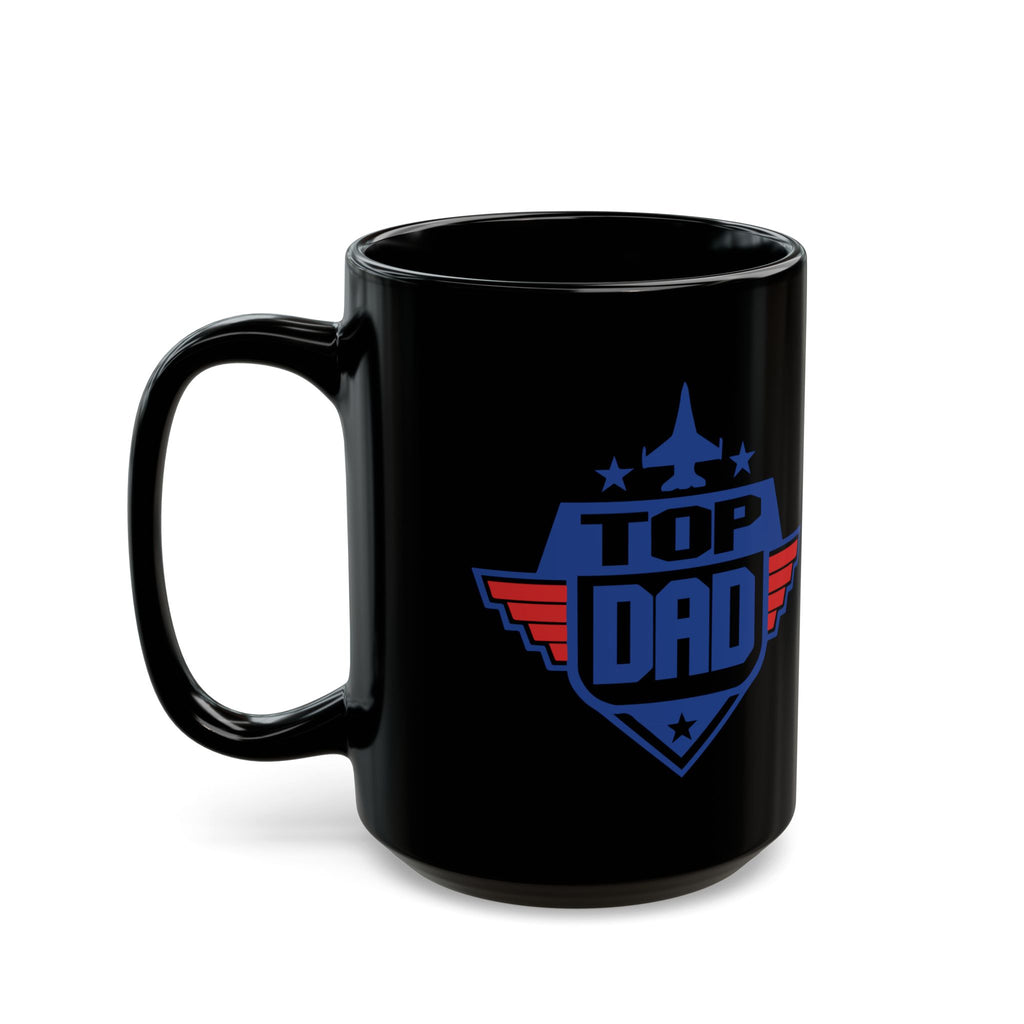 Black mug with 'Top Dad' design on a white background
