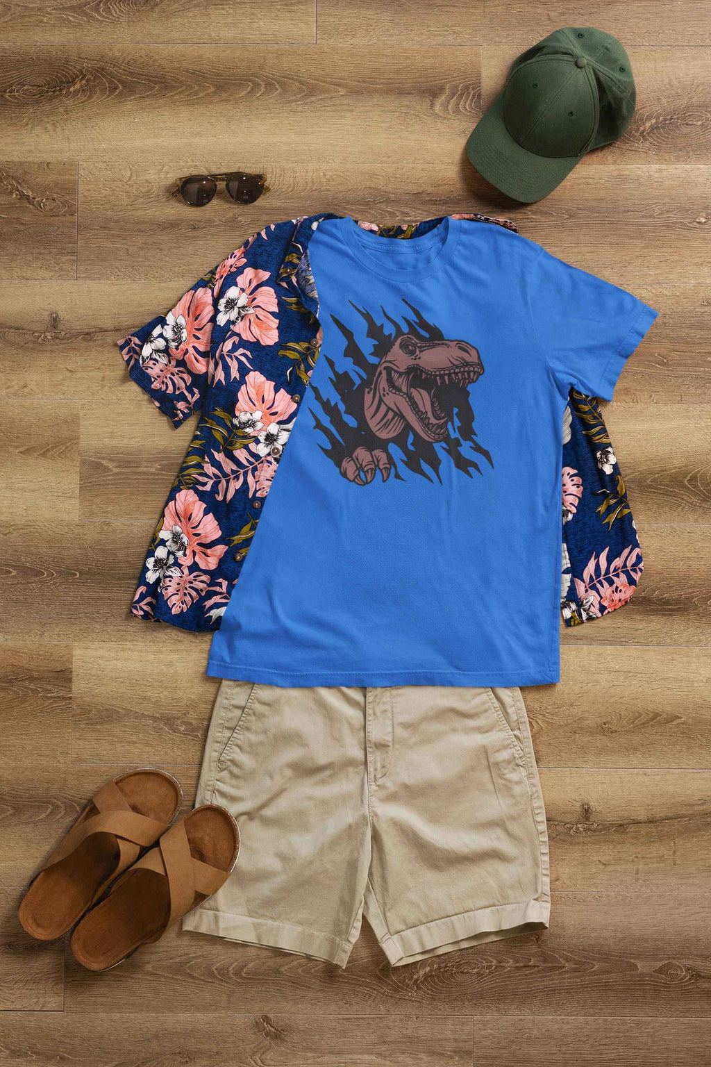 3D T-Rex Breakthrough Graphic T-Shirt, Bright Blue, Short Sleeve, Dinosaur Theme (X-Large)