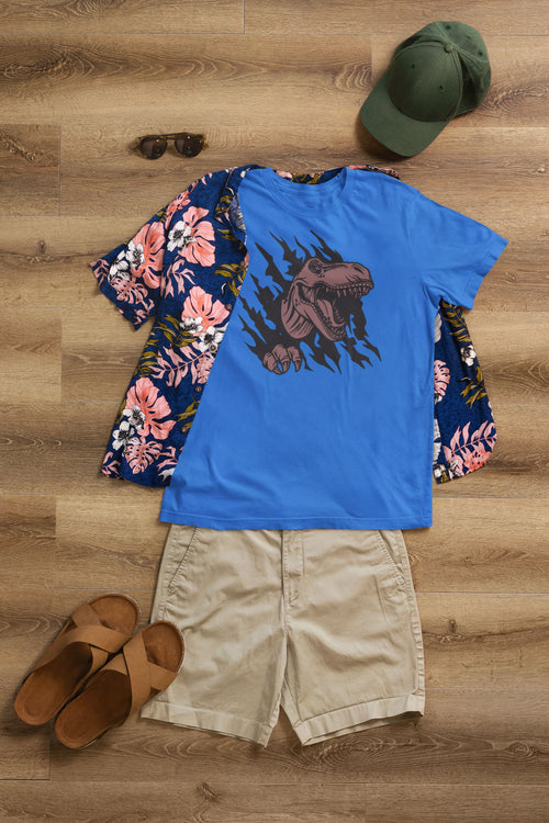 3D T-Rex Breakthrough Graphic T-Shirt, Bright Blue, Short Sleeve, Dinosaur Theme (X-Large)