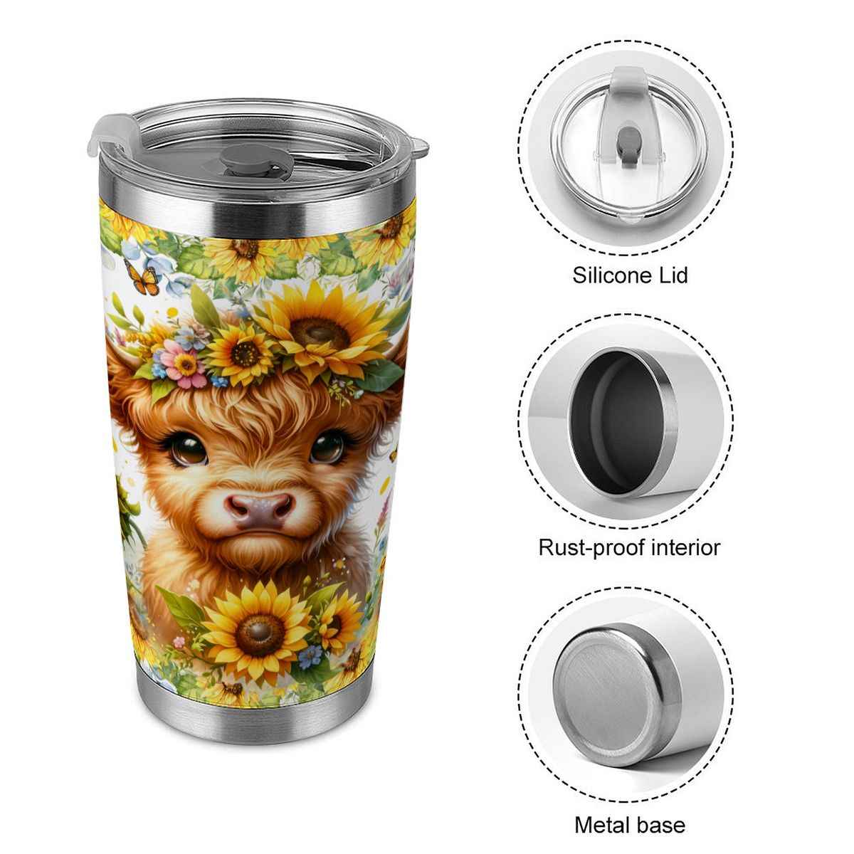 20oz Tumbler with Lid and Straw (Made in USA) baby highland cow sunflowers 20 oz