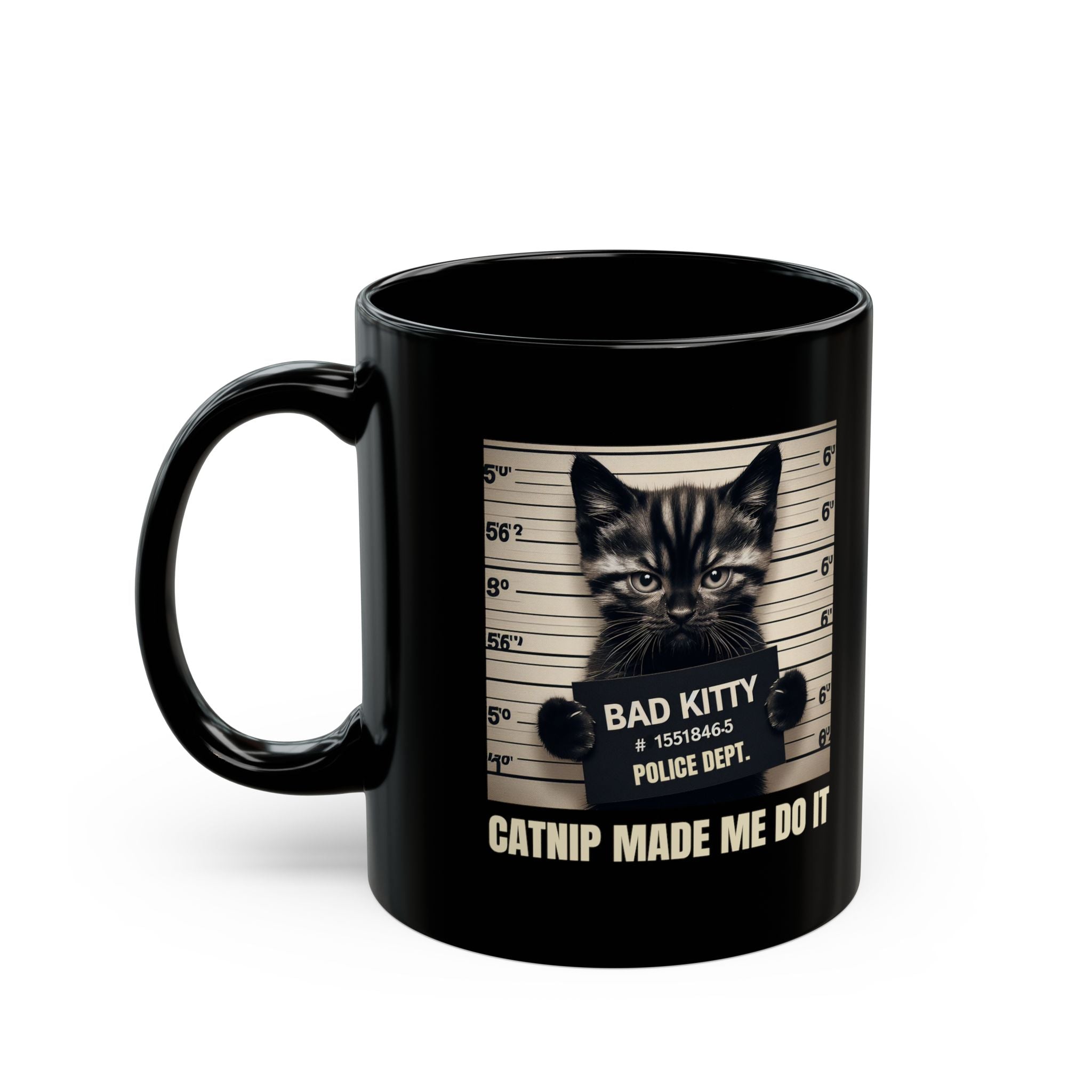 Black mug with a cat graphic and text on a white background