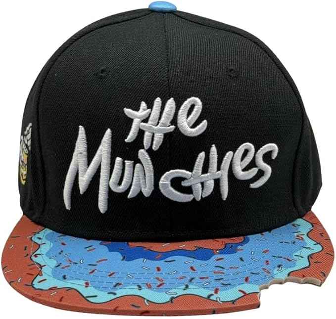Donut Print Snapback Hat, Black Munchies Flat Brim Cap with Embroidered Logo, Adjustable Hip Hop Style Headwear