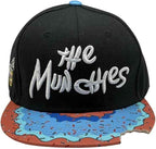 Donut Print Snapback Hat, Black Munchies Flat Brim Cap with Embroidered Logo, Adjustable Hip Hop Style Headwear