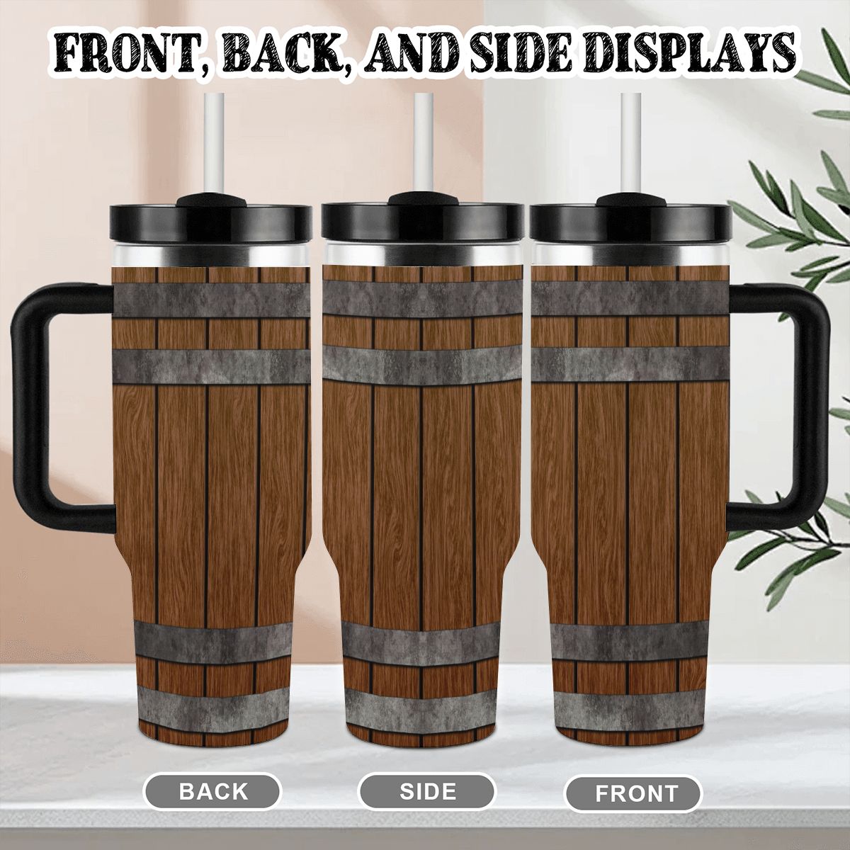 Wooden-patterned tumbler with black handle and lid on a neutral background