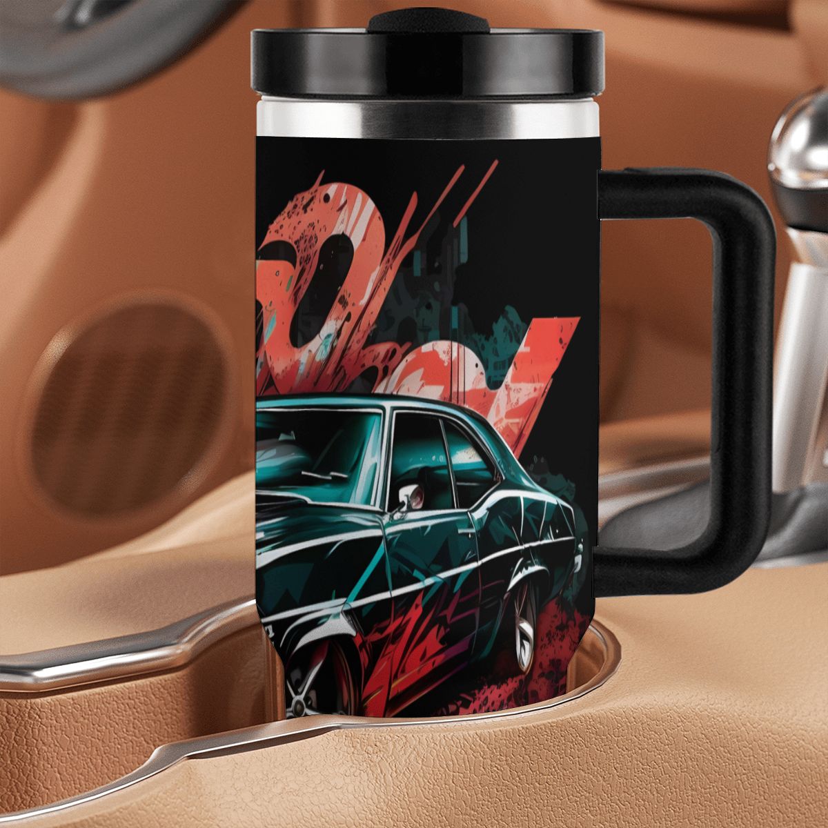 Travel mug with a car design and 'LOVE' text on a car seat background