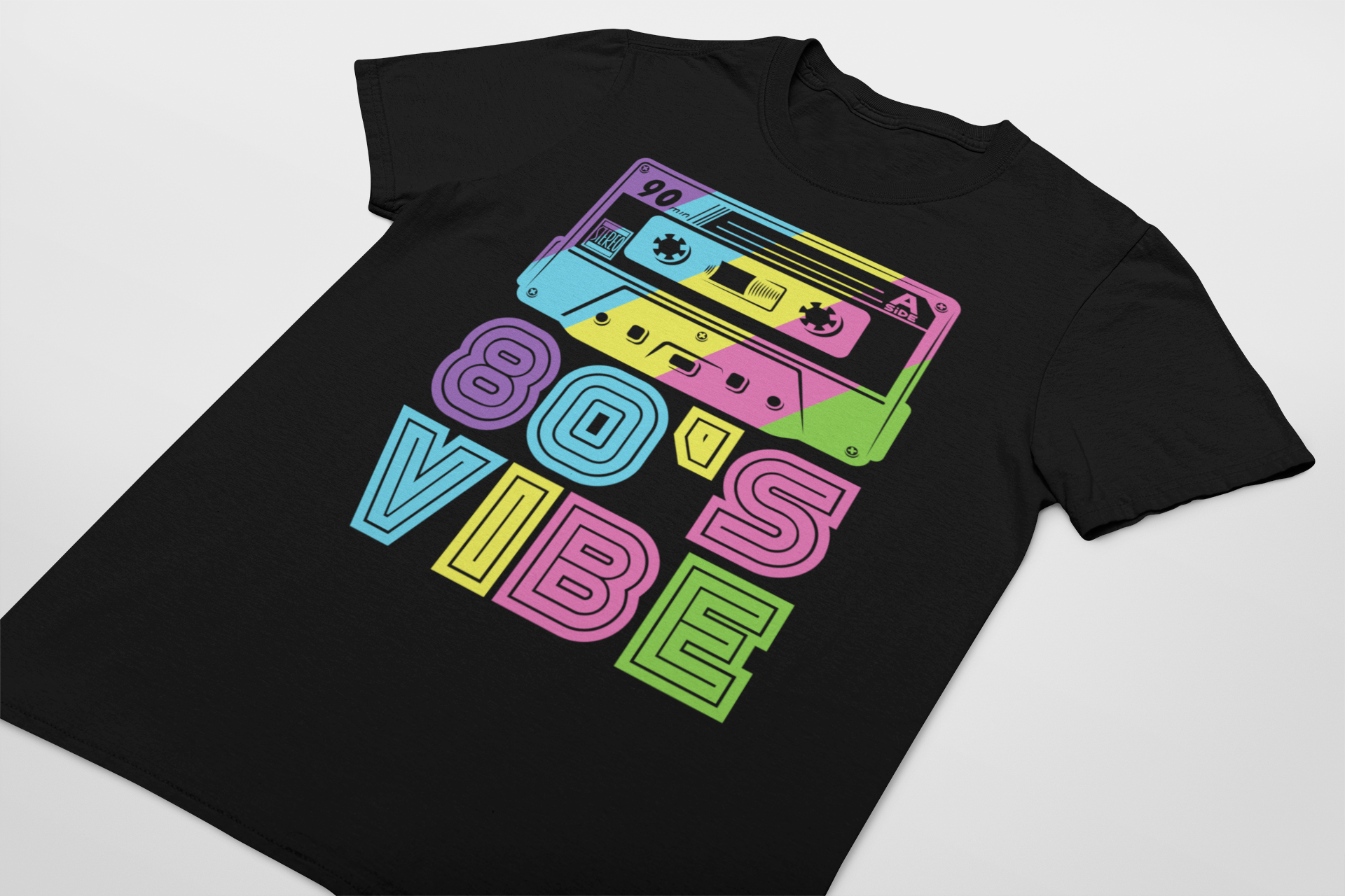 80's Vibe Retro Cassette T-Shirt, Black, Rainbow Graphic Design