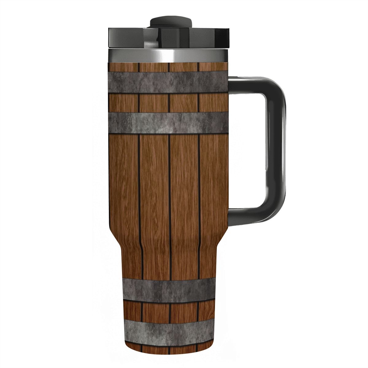Wooden travel mug with black handle on a white background