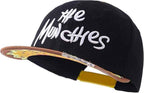 Donut Print Snapback Hat, Black Munchies Flat Brim Cap with Embroidered Logo, Adjustable Hip Hop Style Headwear