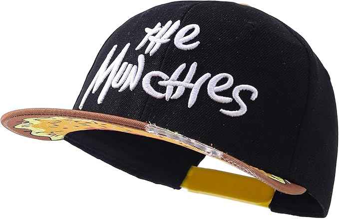 Donut Print Snapback Hat, Black Munchies Flat Brim Cap with Embroidered Logo, Adjustable Hip Hop Style Headwear