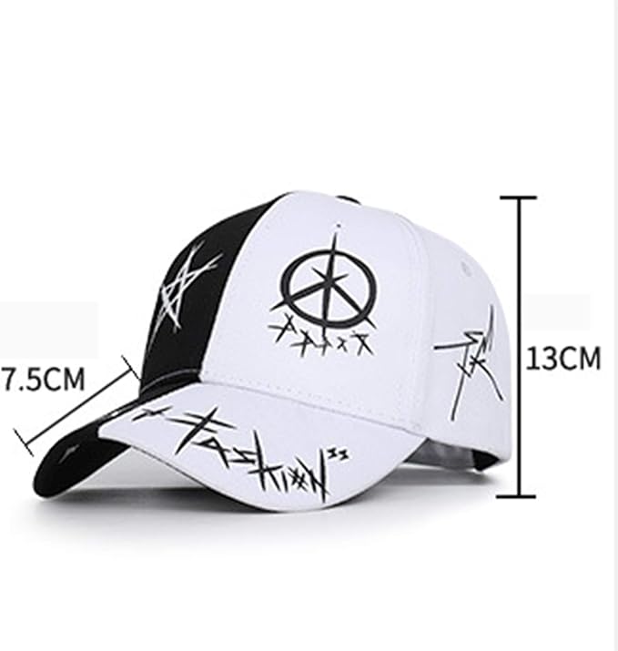 White and black cap with symbols and measurements on a white background