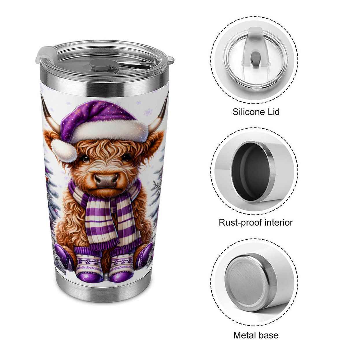 20oz Tumbler with Lid and Straw (Made in USA) purple highland cow