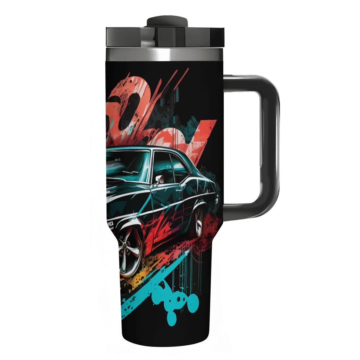 Travel mug with a car design and '69 Camaro' text on a black background