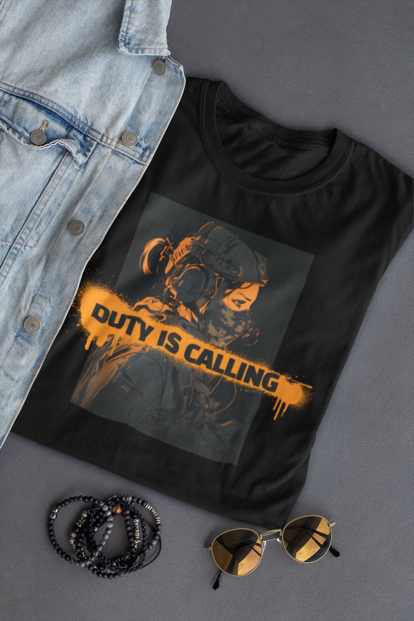 Duty is Calling Graphic T-Shirt, Black, Tactical Soldier Design with Orange Print - AKC UNITED