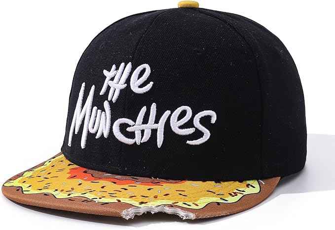 Donut Print Snapback Hat, Black Munchies Flat Brim Cap with Embroidered Logo, Adjustable Hip Hop Style Headwear