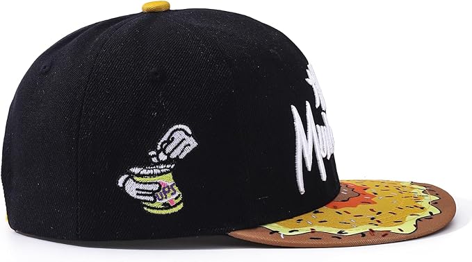 Black cap with a colorful design on a white background