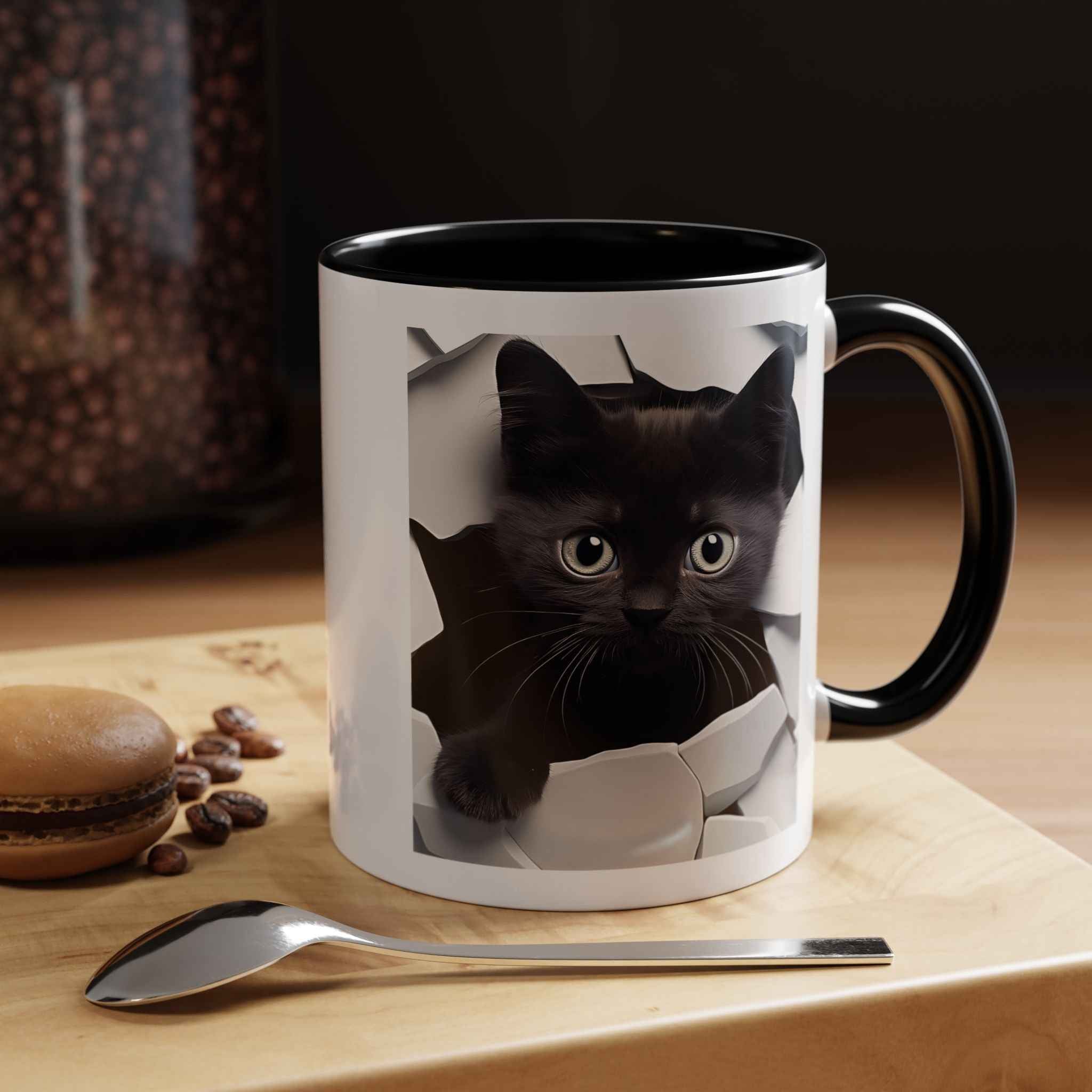 Black Kitten Peek Coffee Mug – Cute Cat Accent Mug (11/15oz)