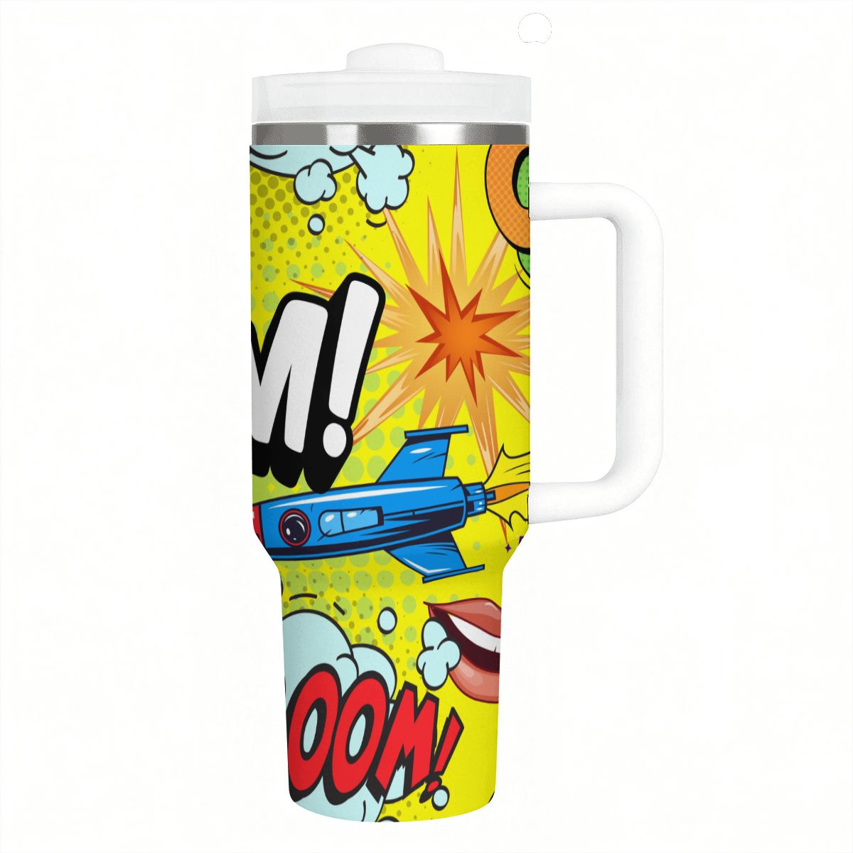 Travel mug with comic book design featuring a rocket and 'BOOM!' text on a white background