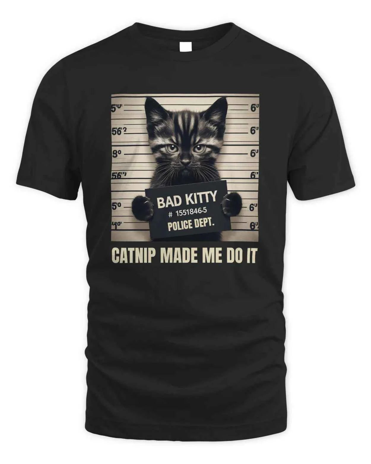 Bad Kitty Graphic T-Shirt Funny Cat Mugshot Graphic T-Shirt, Black, Novelty Humor Design