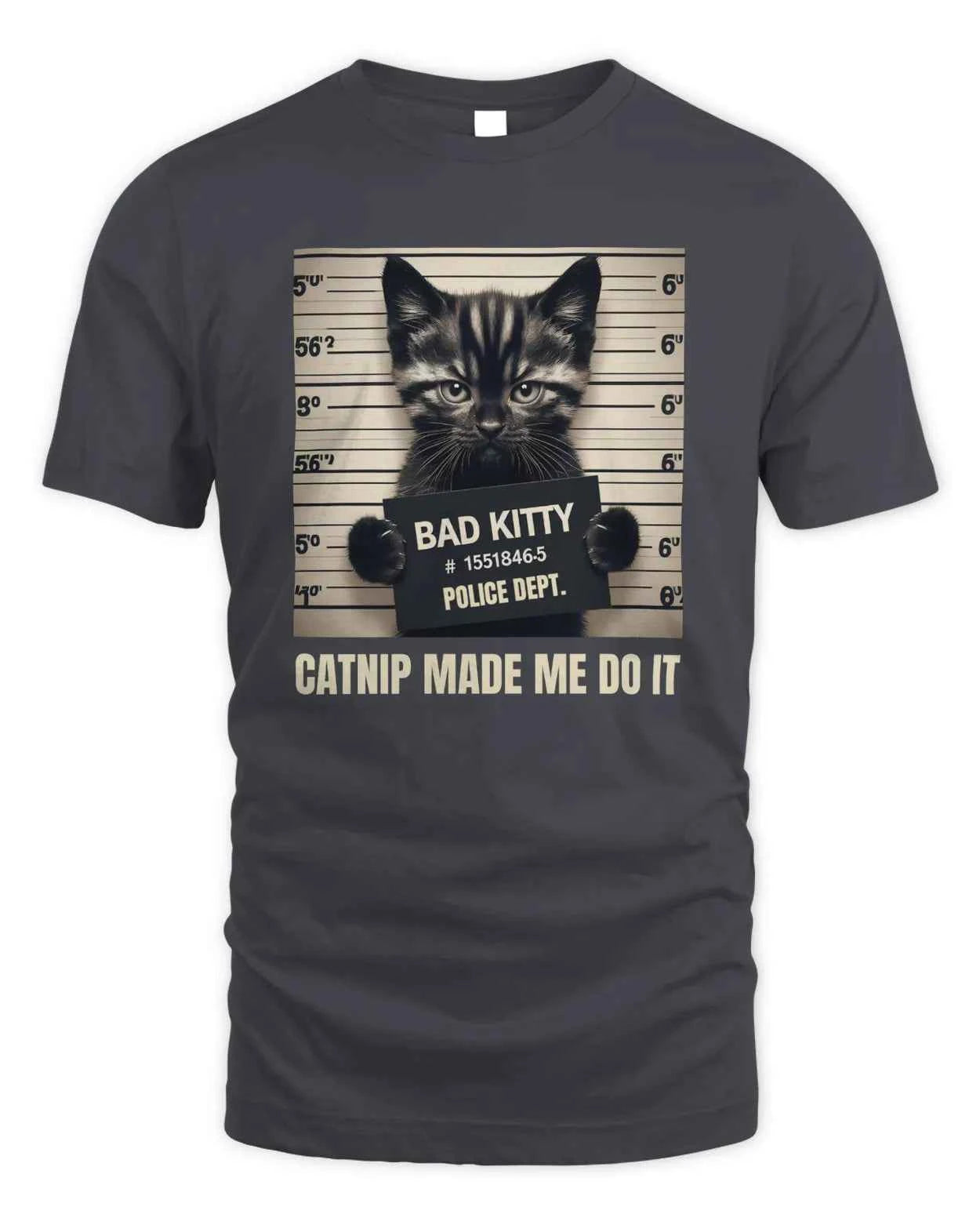 Bad Kitty Graphic T-Shirt Funny Cat Mugshot Graphic T-Shirt, Black, Novelty Humor Design