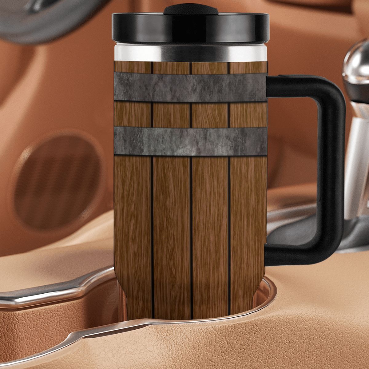 Wooden-patterned travel mug with black handle on a blurred kitchen background
