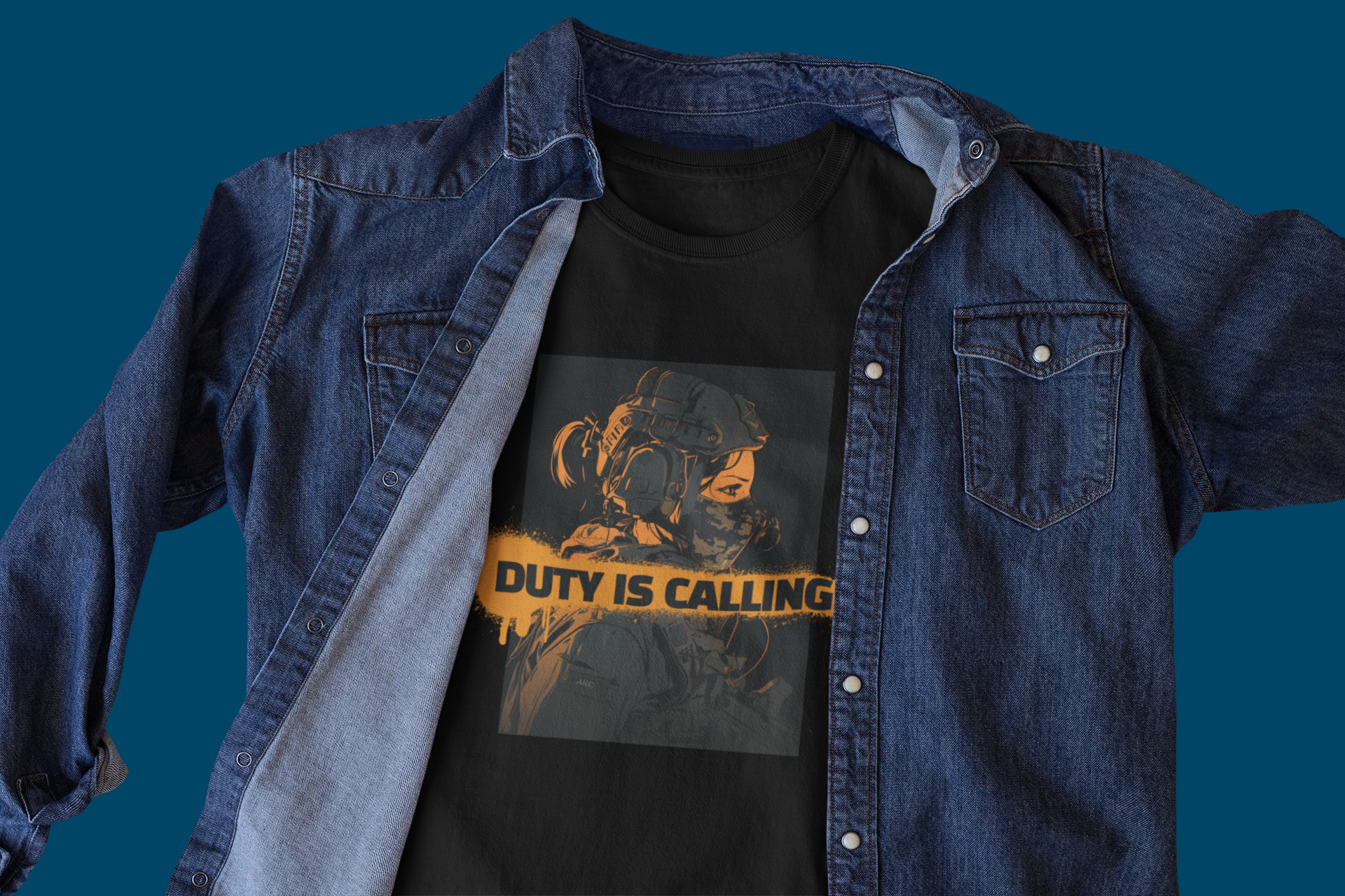 Duty is Calling Graphic T-Shirt, Black, Tactical Soldier Design with Orange Print - AKC UNITED