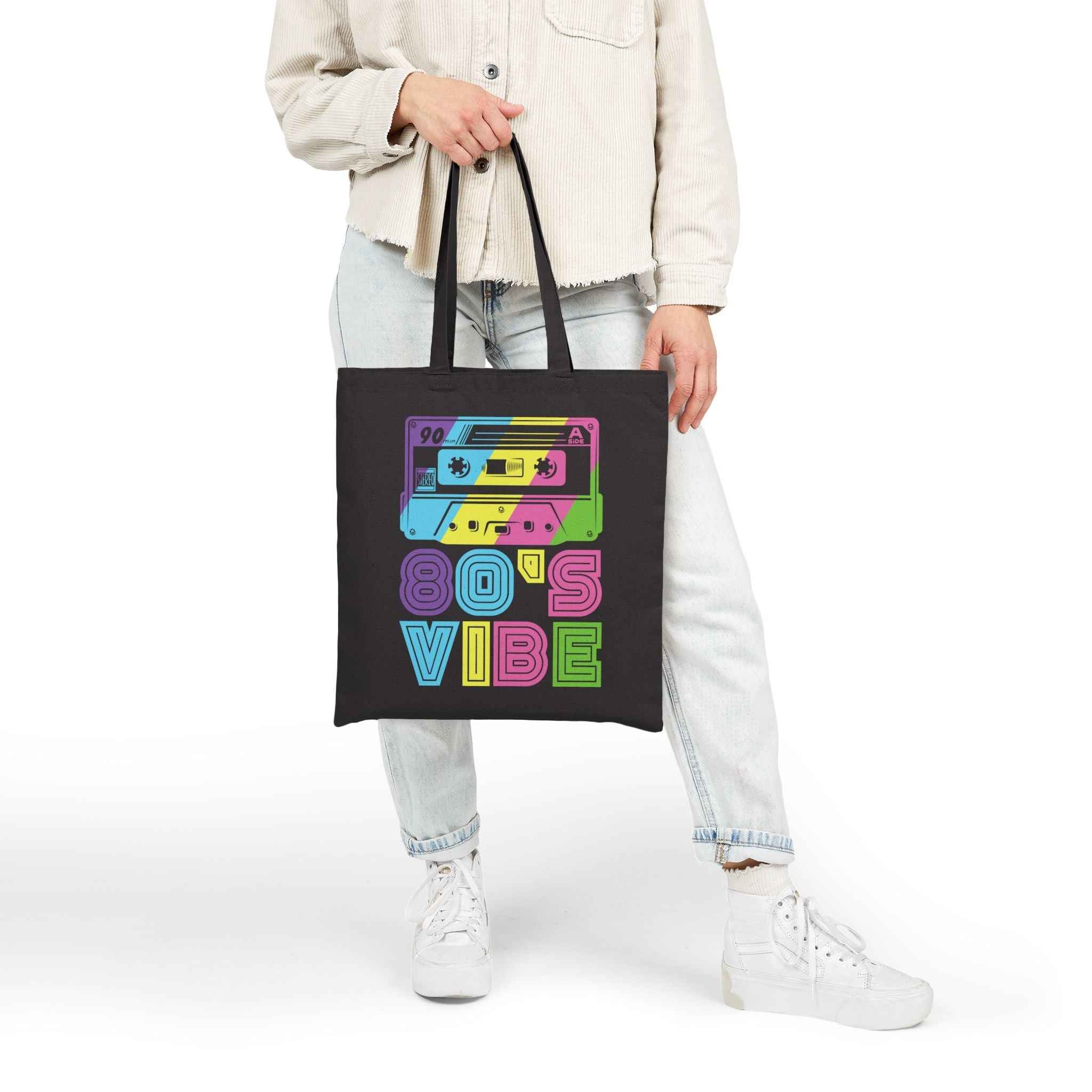 80's Vibe Retro Cassette Tote Bag — Neon 1980s Music Canvas Tote