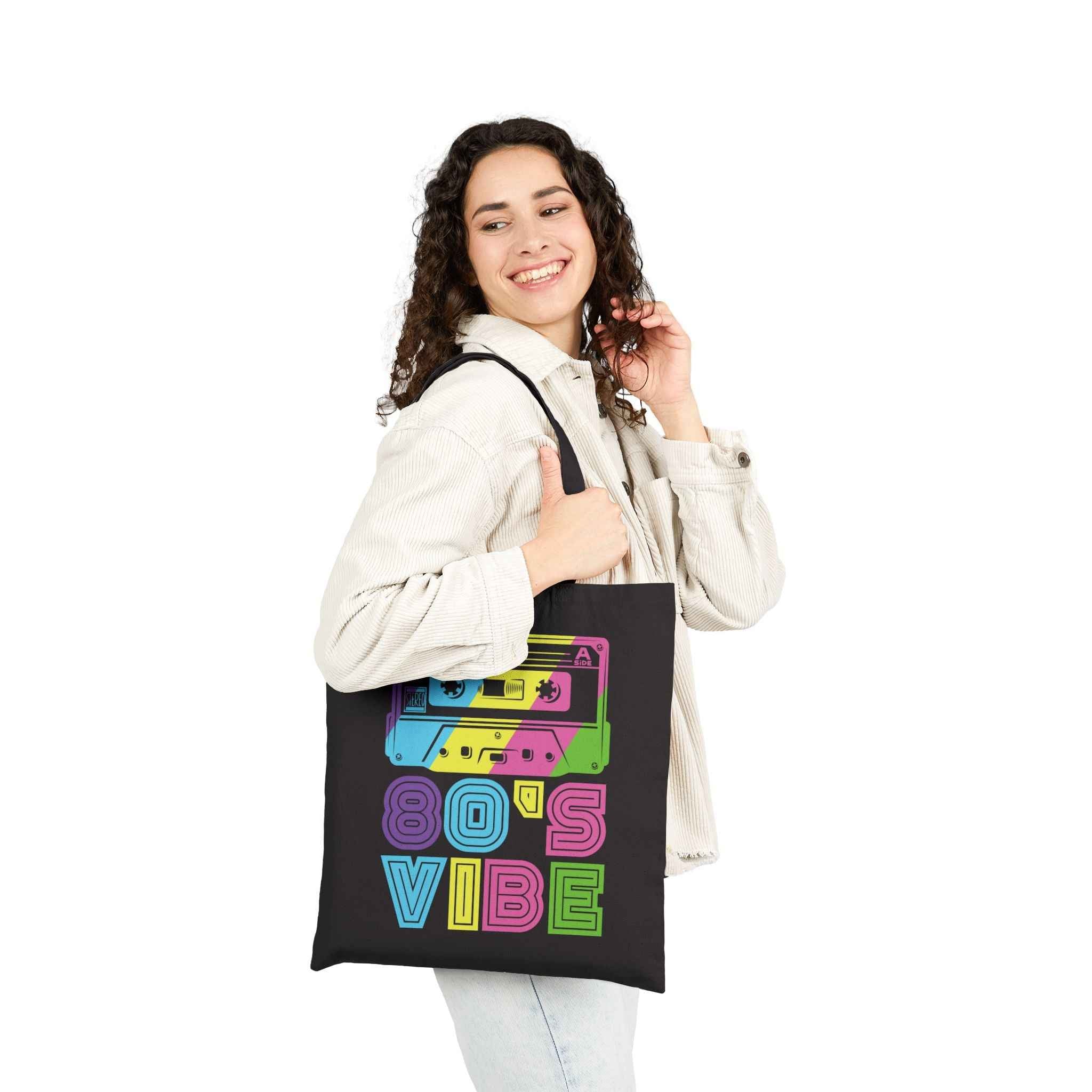 80's Vibe Retro Cassette Tote Bag — Neon 1980s Music Canvas Tote