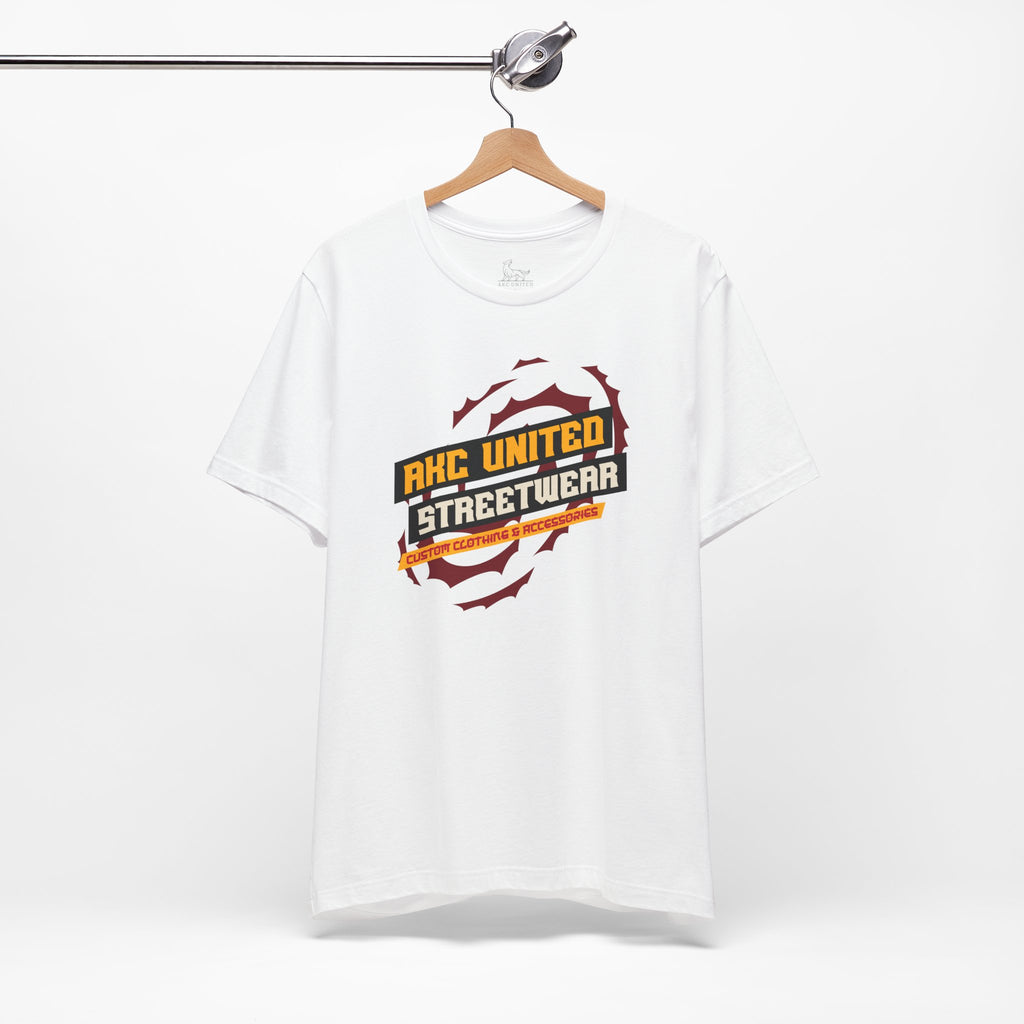 White t-shirt with 'RHC United Streetwear' logo on a hanger against a white background
