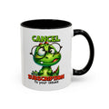 Mug with a cartoon green dragon wearing glasses and text 'Cancel my subscription to your issues' on a white background.