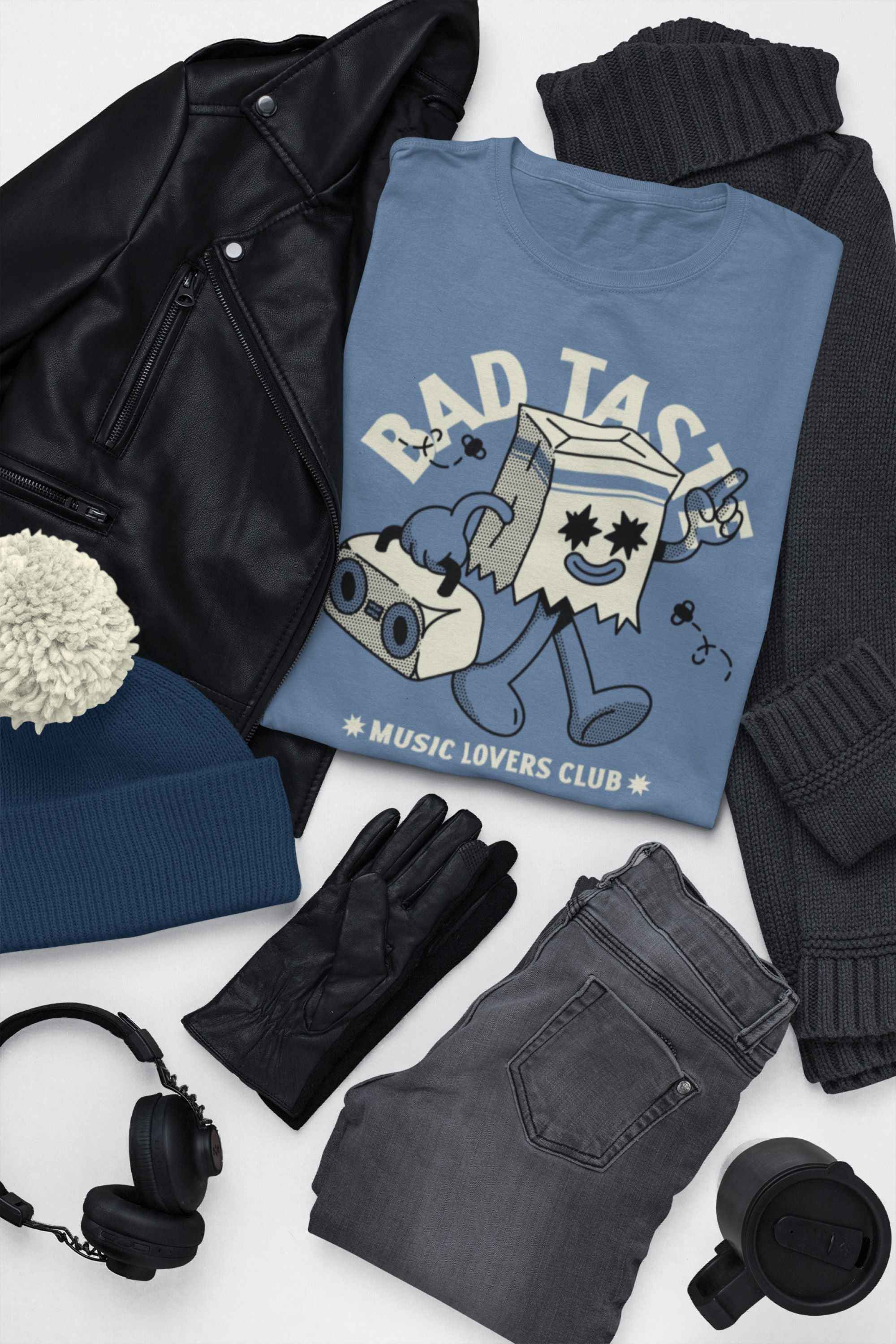 Bad Taste Music Lovers Club T-Shirt, Cotton Crew Neck, Size Medium, Indigo Blue
