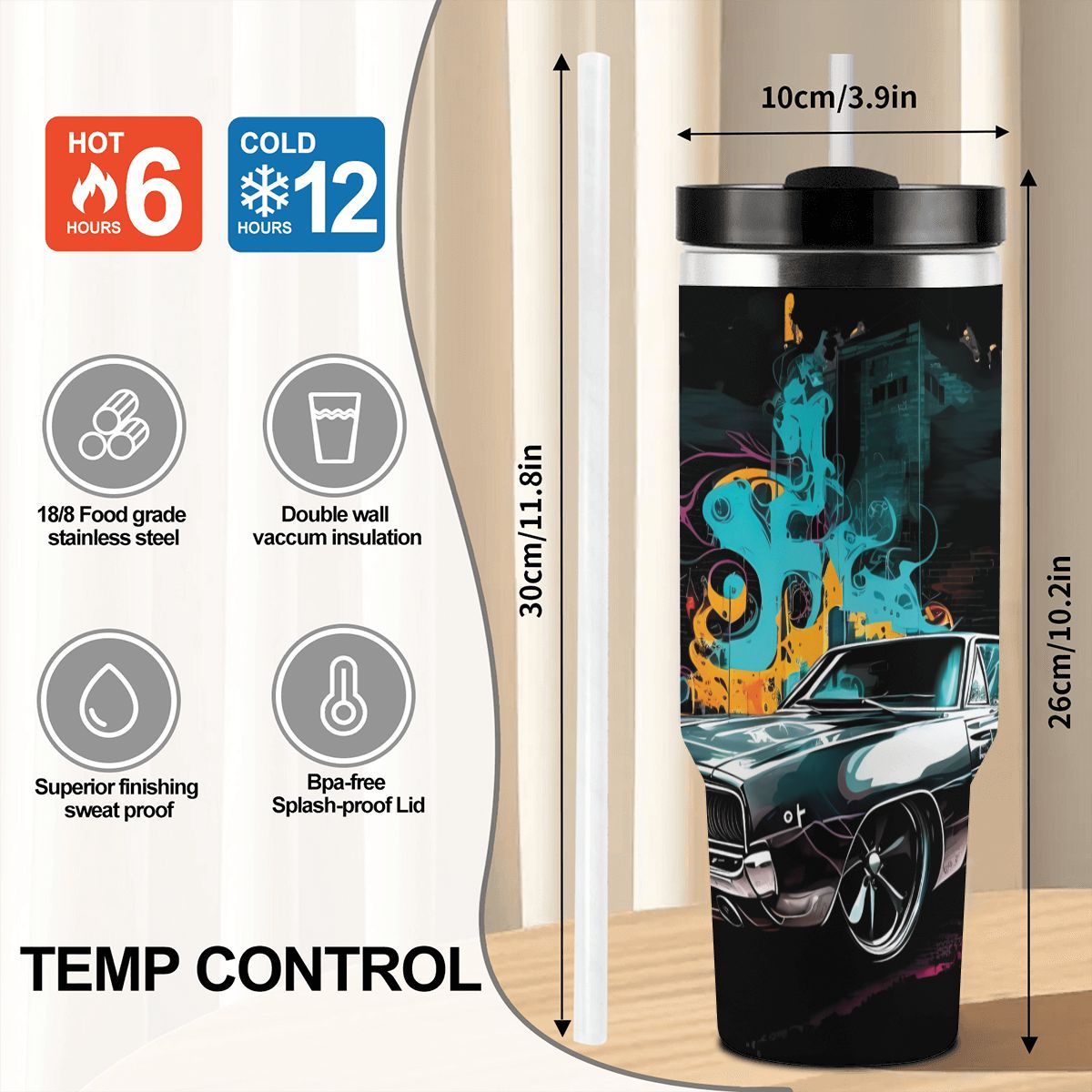 Tumbler with car design and temperature control features on a white background