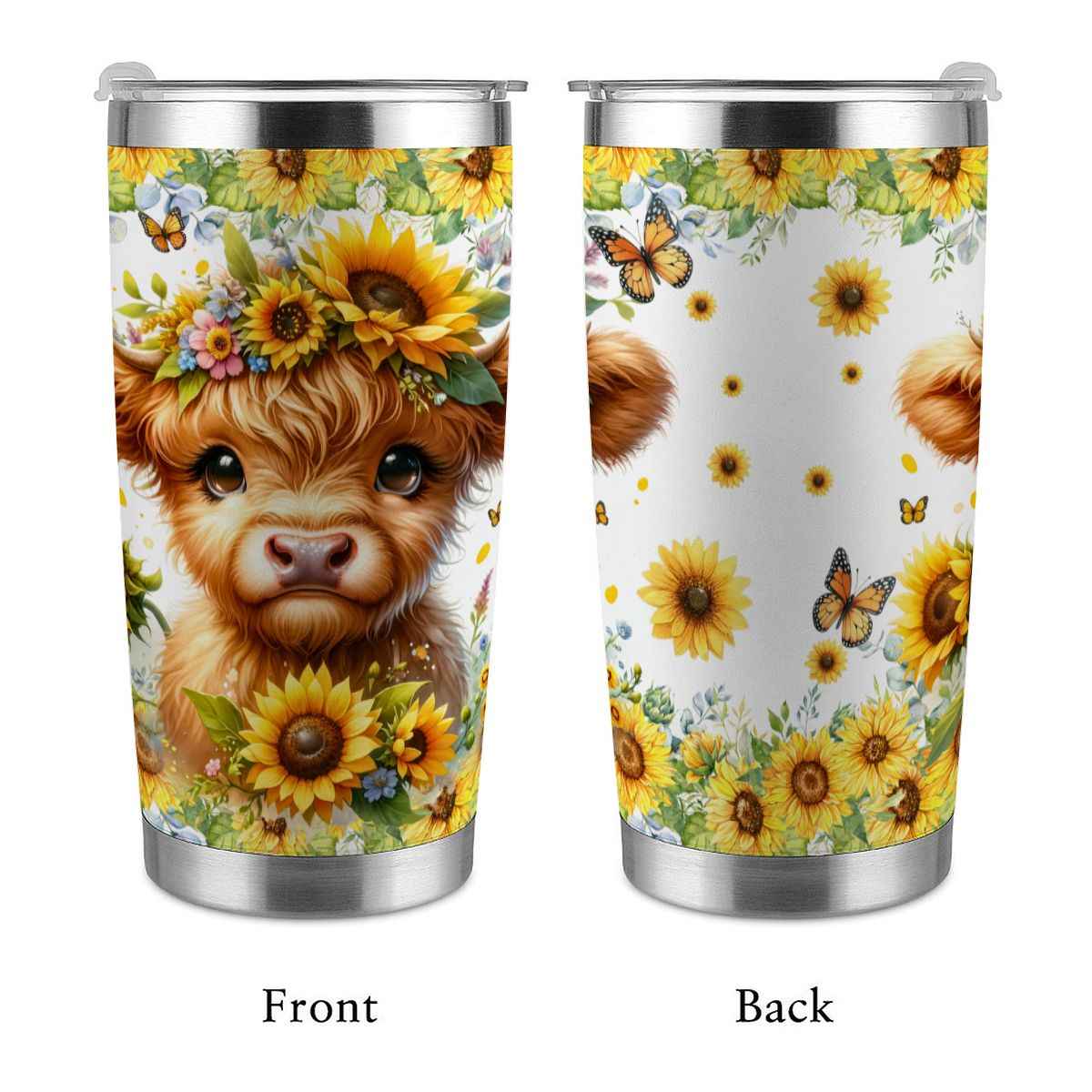 20oz Tumbler with Lid and Straw (Made in USA) baby highland cow sunflowers 20 oz