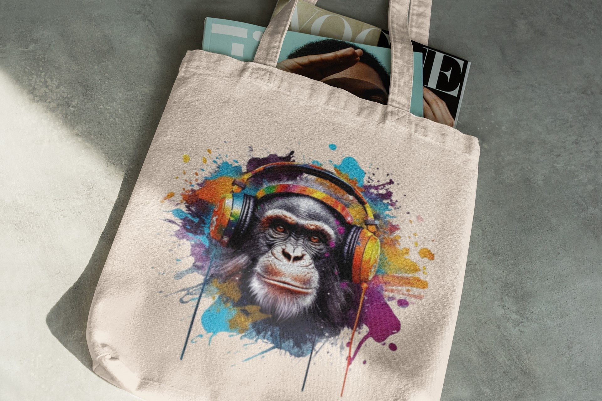 Cool Monkey Canvas Tote Bag, Colorful Headphones Design, Natural Cotton, Splash Art Style, Reusable Shopping Bag
