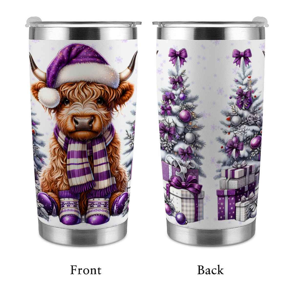 20oz Tumbler with Lid and Straw (Made in USA) purple highland cow