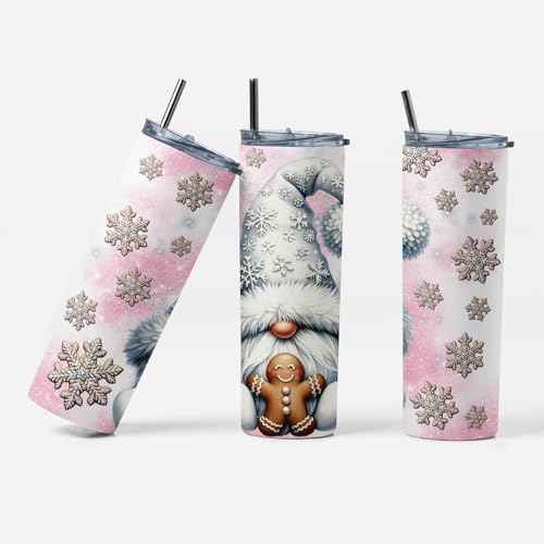 Winter Gnomes 20 oz Stainless Steel Tumbler, Insulated Travel Mug with Lid and Straw, Holiday Design