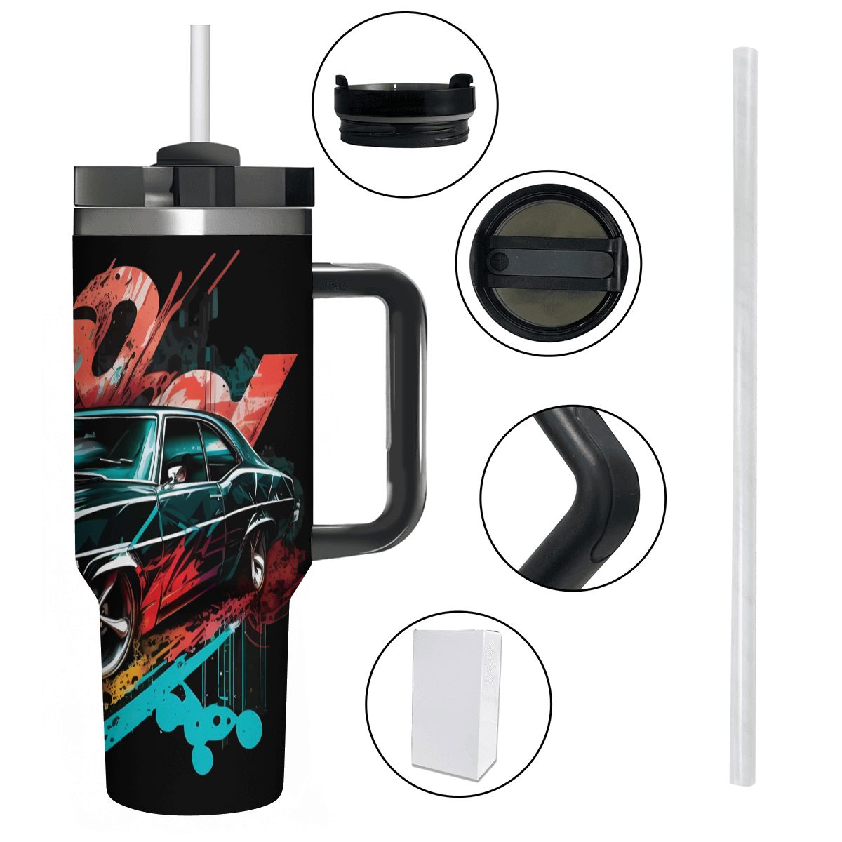 Travel mug with car design, handle, and lid details on a white background
