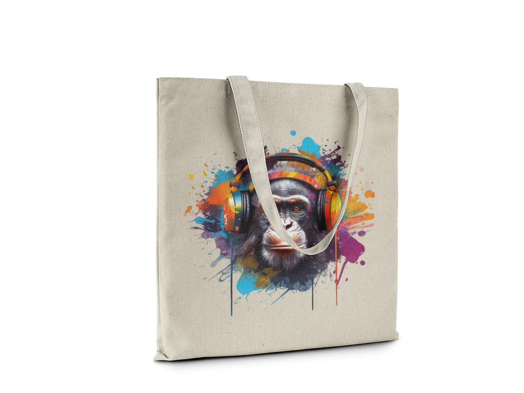 Tote bag with a colorful monkey design wearing headphones on a white background