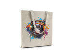 Tote bag with a colorful monkey design wearing headphones on a white background