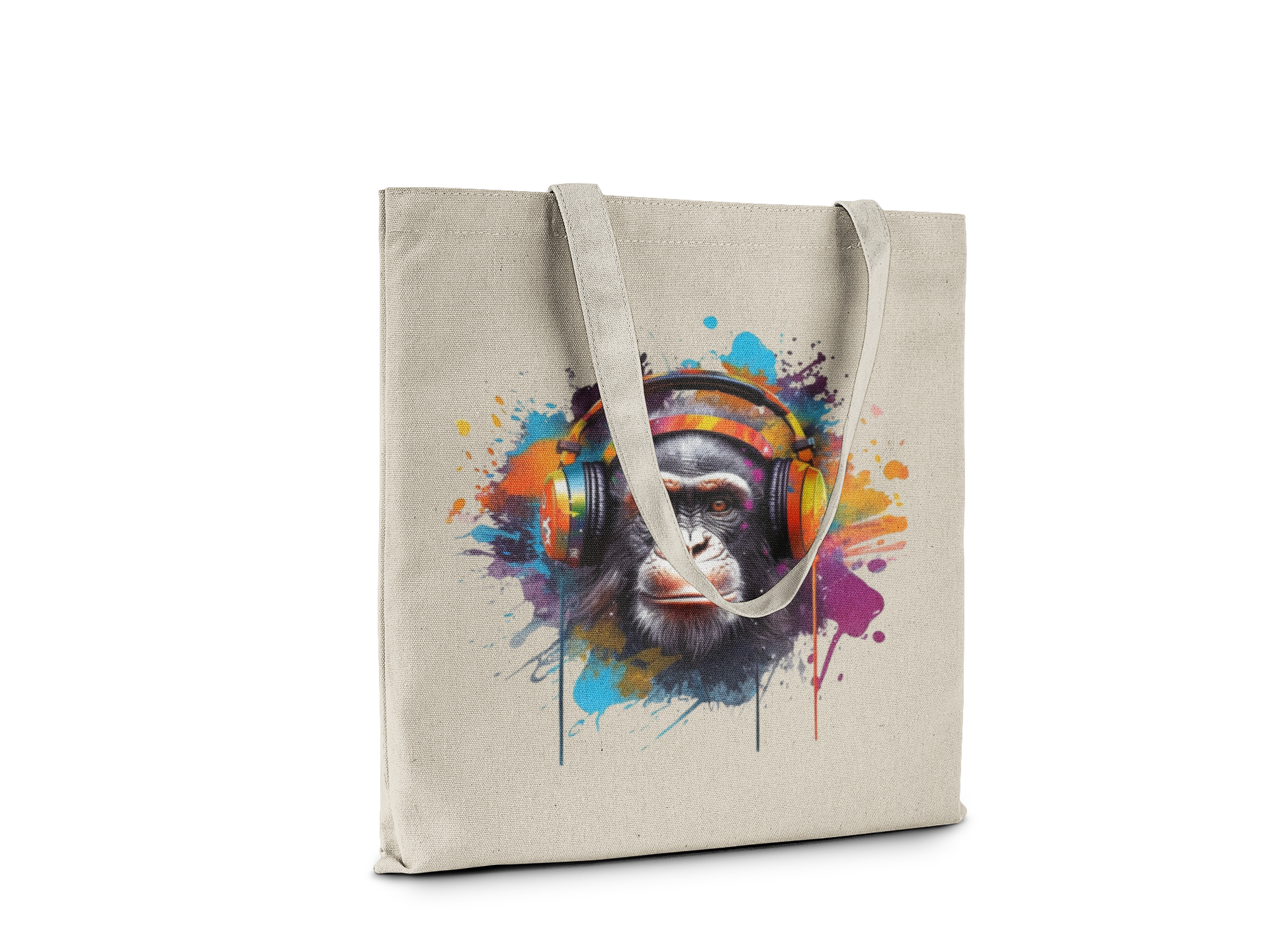 Cool Monkey Canvas Tote Bag, Colorful Headphones Design, Natural Cotton, Splash Art Style, Reusable Shopping Bag
