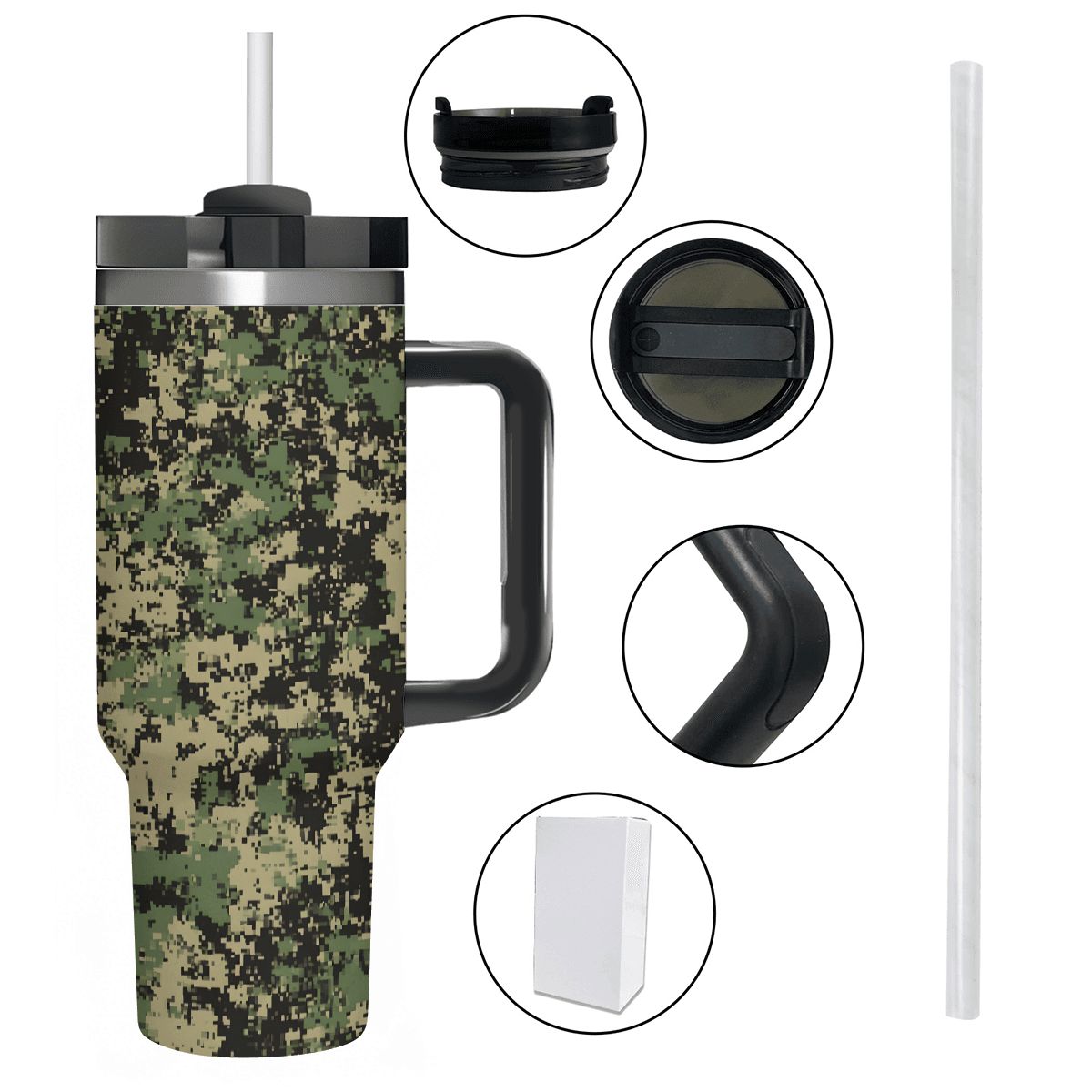 Camouflage travel mug with handle and straw on a white background