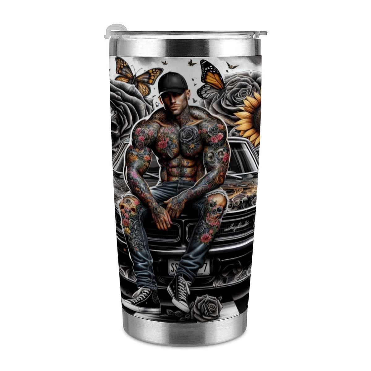 20oz Tumbler with Lid and Straw (Made in USA) tattoo man
