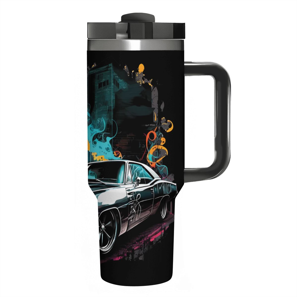 Black travel mug with a colorful car design on a white background