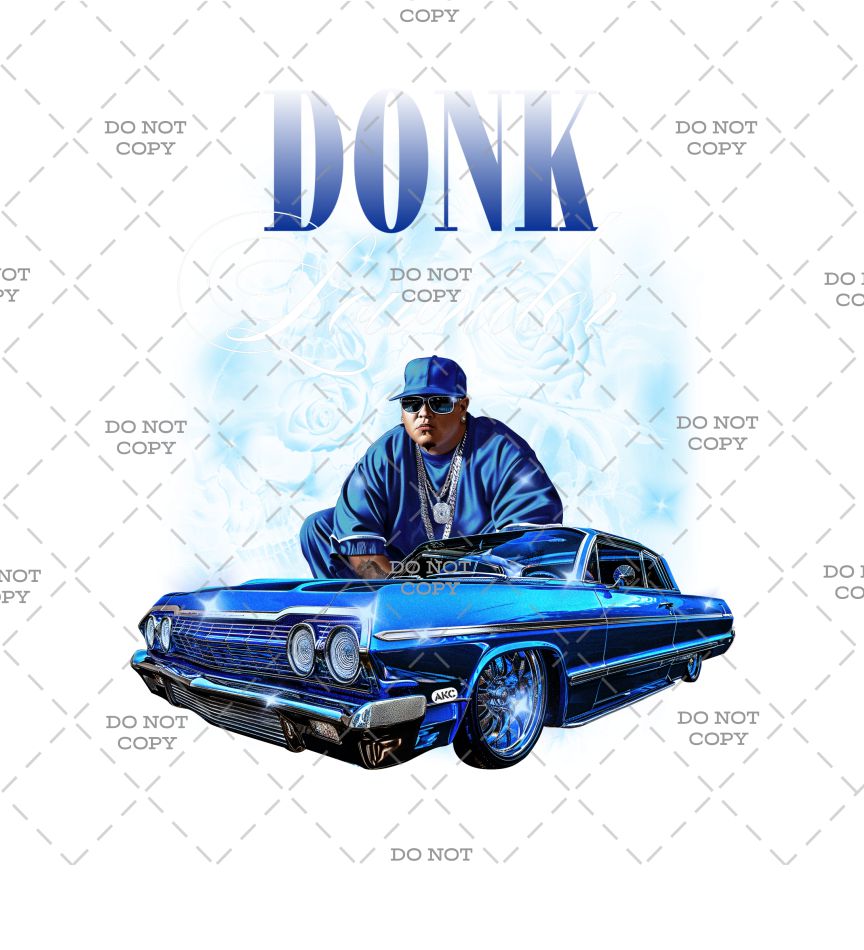 Blue classic car with a person sitting in it, surrounded by 'DONK' text on a white background.
