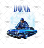 Blue classic car with a person sitting in it, surrounded by 'DONK' text on a white background.